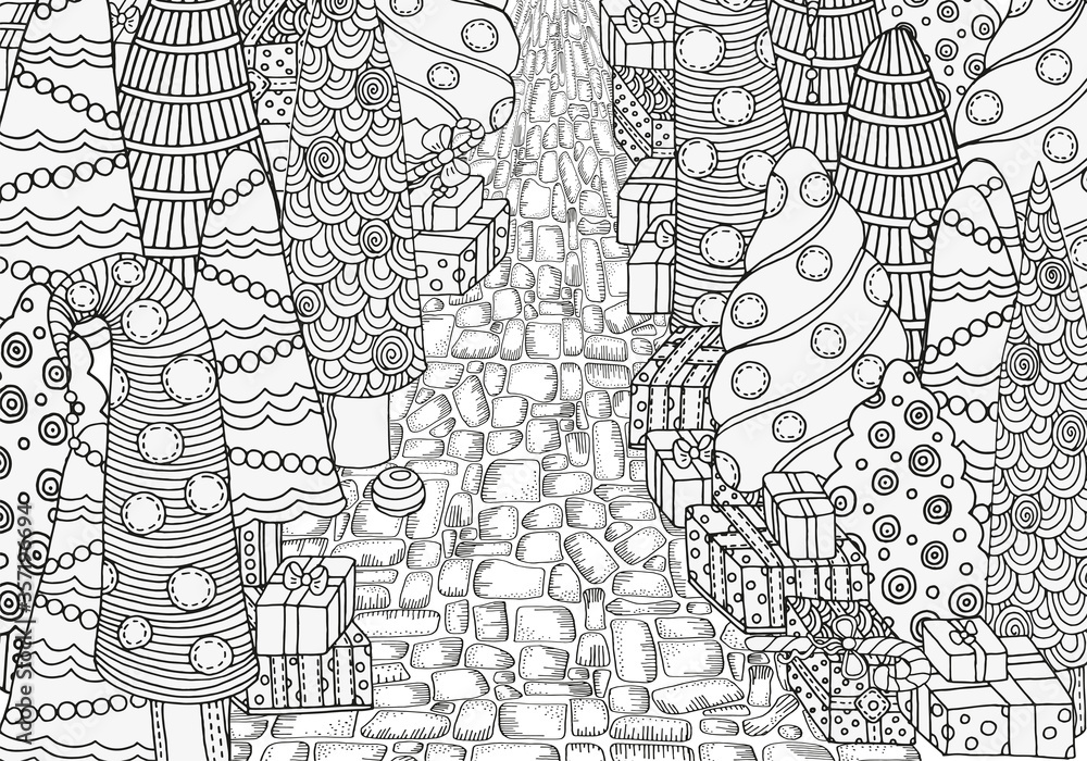 Fototapeta premium New year pattern for coloring book with Christmas trees and gifts. Hand-drawn decorative elements in vector. Black and white. Zentangle.
