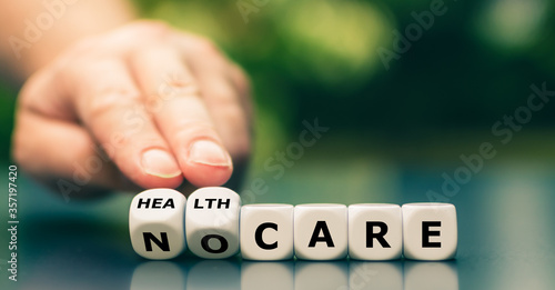 Photography Hand turns dice and changes the expression no care to health care