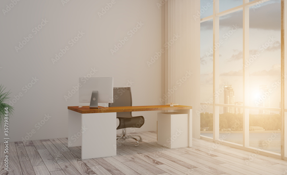 Fototapeta premium Elegant office interior. Mixed media. 3D rendering.. Sunset