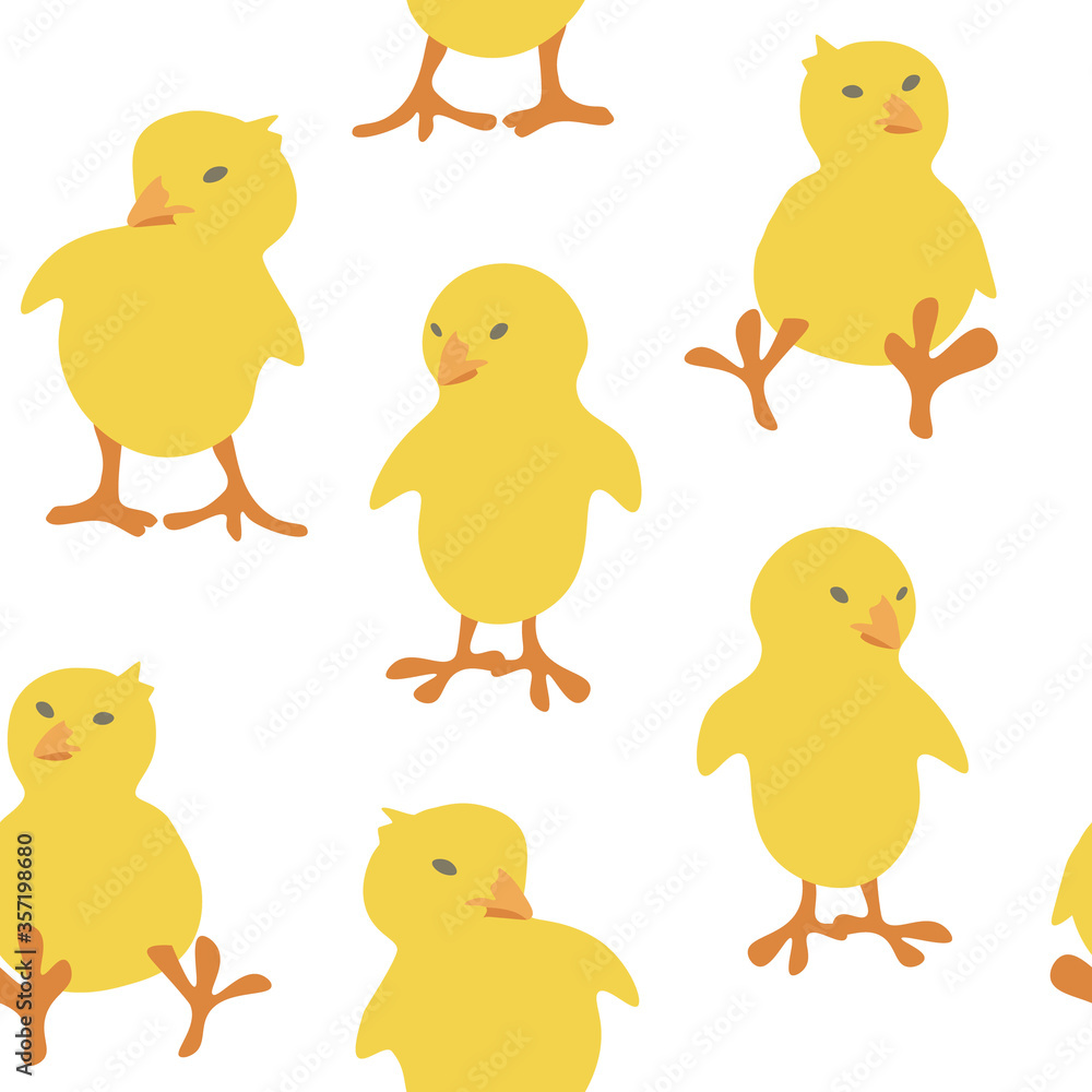 Cute small chickens seamless pattern. Repetitive yellow chicks on transparent background. 