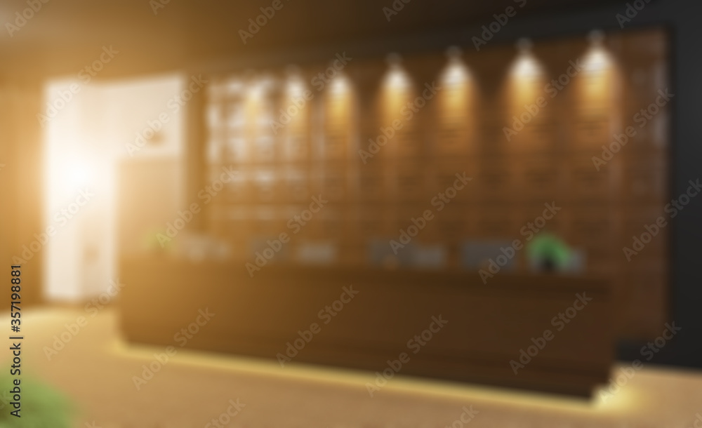 Unfocused, Blur phototography. Reception at the hospital. Appointment to the doctor. Lift. modern design. 3D rendering.. Sunset