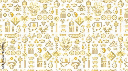 Vector seamless pattern in Chinese style design, gold elements on white background. Ox Zodiac sign, Symbol of 2021 on the Chinese calendar.
