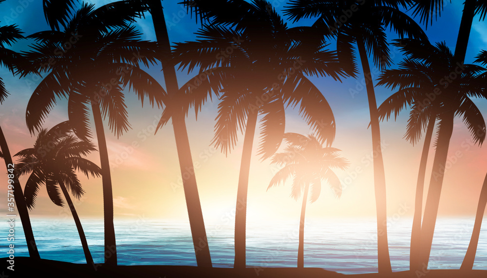 Empty tropical background of night sea beach. Silhouettes of tropical palm trees on a background of bright sunset. 