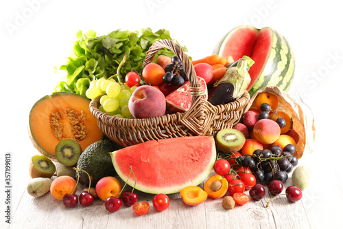 Obraz na plátně assorted of fruit and vegetable in wicker basket