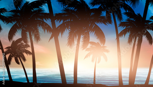 Empty tropical background of night sea beach. Silhouettes of tropical palm trees on a background of bright sunset. 