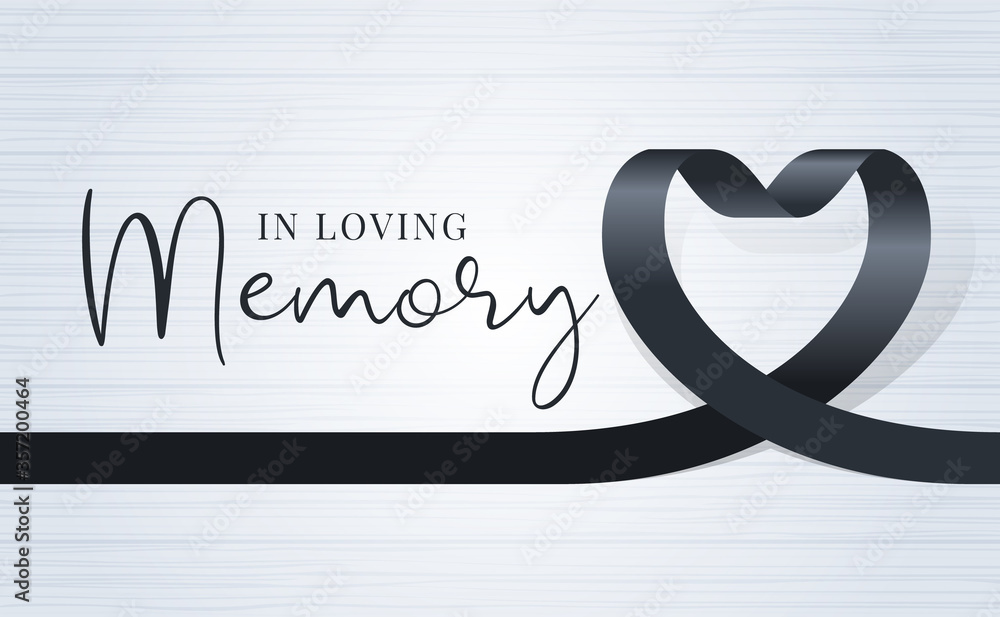 in loving memory text and black heart ribbon sign on soft light wood texture background vector design - obrazy, fototapety, plakaty 
