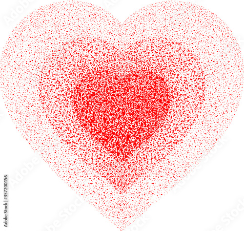 Red textured heart. Paint spray with drops, dribble, sprinkle. Halftone from scarlet in centre to light red on edge. Vector editable element