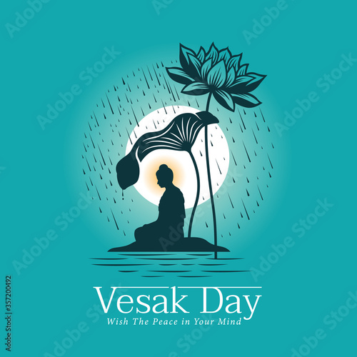 Vesak day banner with The Lord Buddha meditated under Big lotus leaf and flower in raining and full moon night