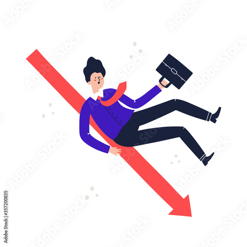 Man in a suit rolls down. Dismissal, job, loss, profit loss concept. HAnd drawn vector illsustration.
