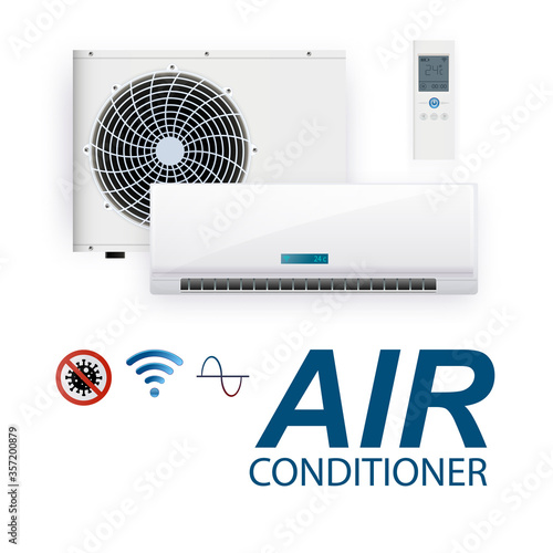 Split system air conditioner inverter. Realistic conditioning with with WiFi control over the internet and Antivirus features and remote control. Vector illustration climate control system