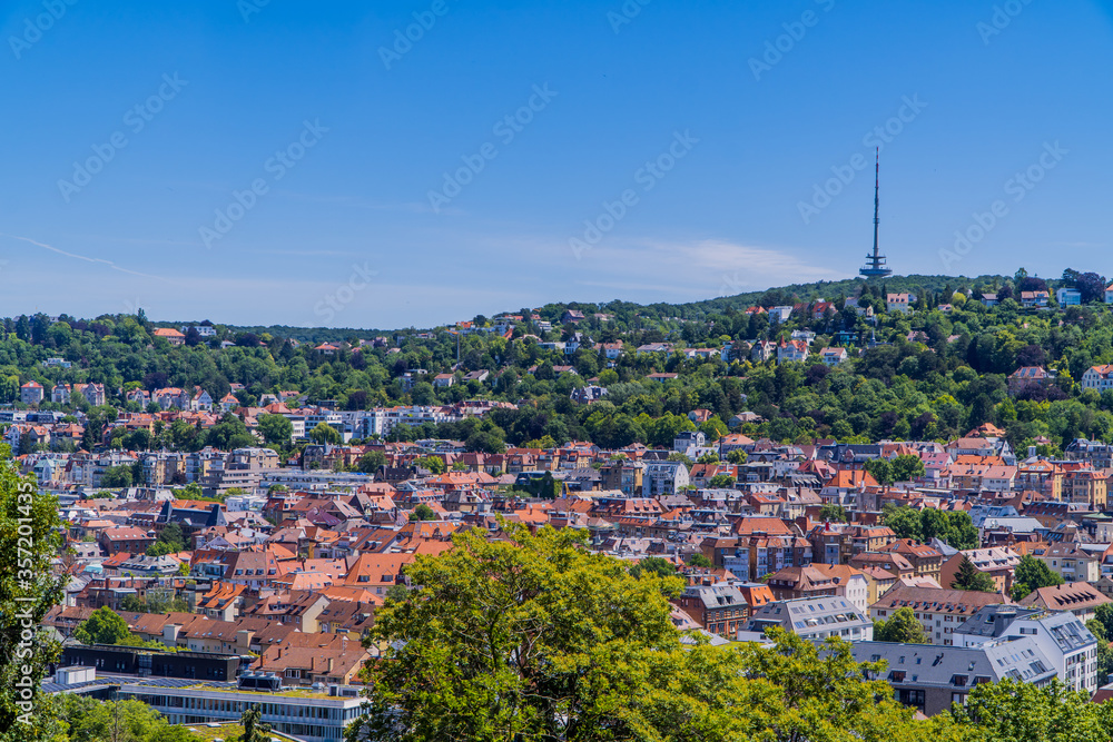 View of Stuttgart with the TV tower, old houses, and churches seen from Karlshöhe