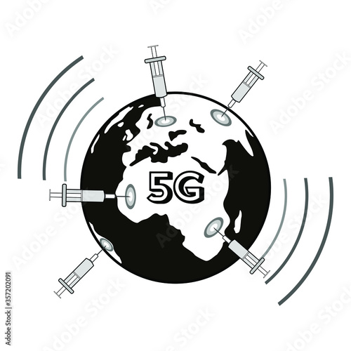Illustration: vaccine syringes inoculate the entire planet Earth, 5G irradiation. Concept: global vaccination, conspiracy theory, 5G. Black- white vector, icon. COVID-19 vaccine, Chip, 5G Radiation