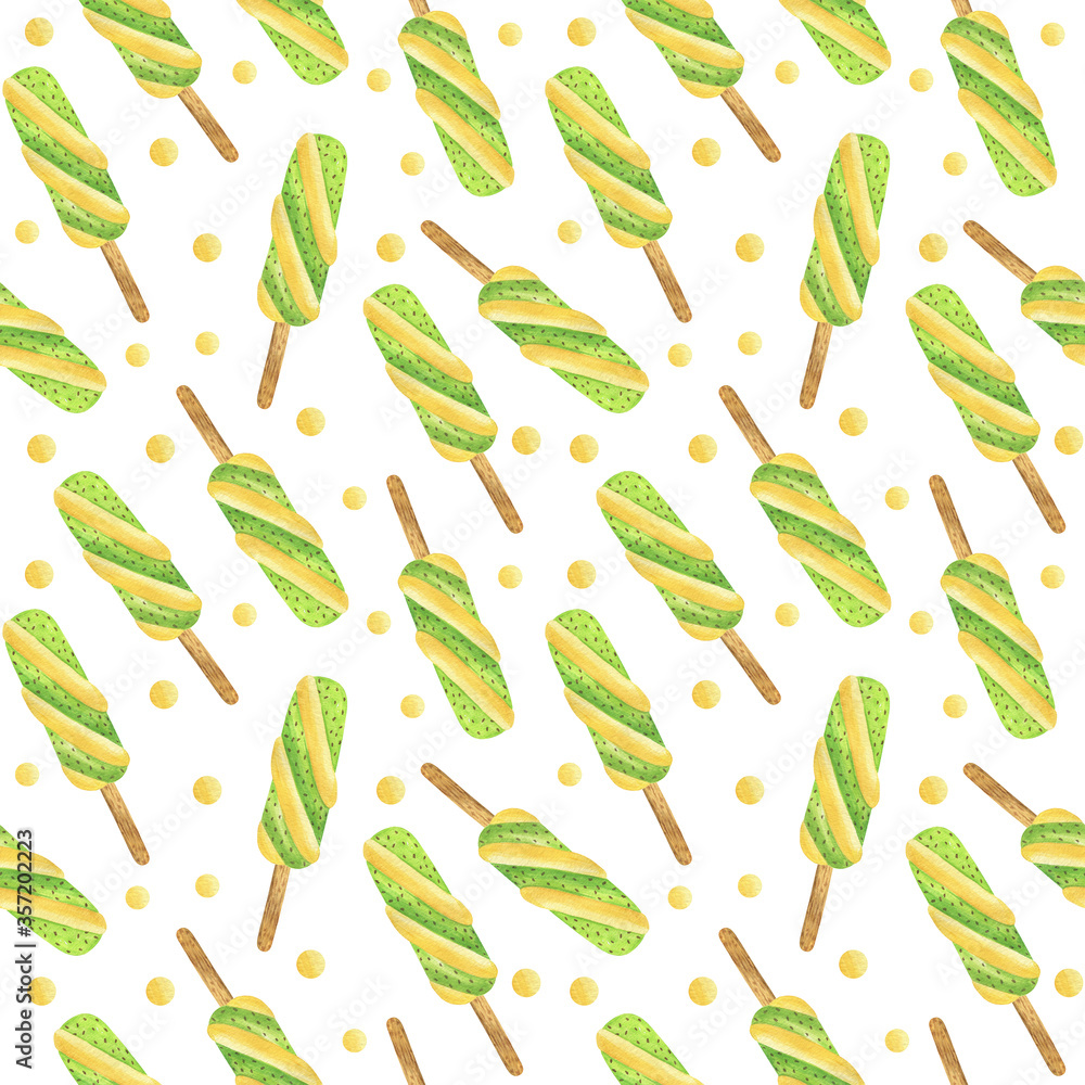 Repeat pattern of kiwi and banana fruity juice watercolor food illustration, seamless sweet dessert for summer or holiday, summer menu design, hand drawn pattern of tasty treat