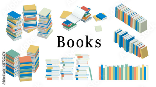 積読, 積まれた本のフラットなベクターイラストのバリエーション