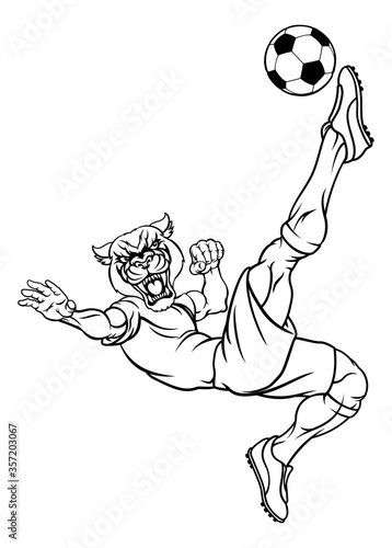 A panther soccer football player cartoon animal sports mascot kicking the ball