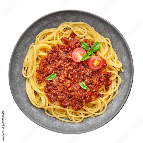 Pasta Spaghetti Bolognese in gray bowl isolated on white background. Bolognese sauce is classic italian cuisine dish. Popular italian food.