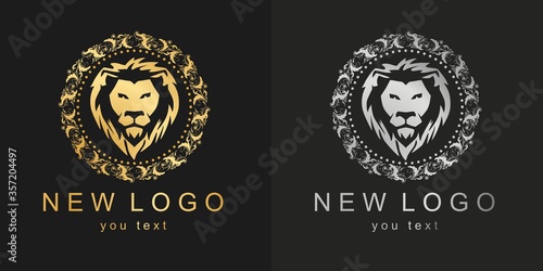 Gold logo with a lion. Classic vintage icon with frame