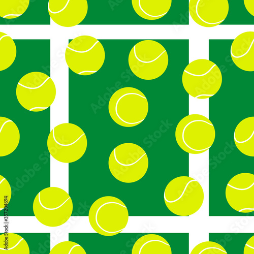 Bright seamless pattern with tennis balls on grass court. Vector elements