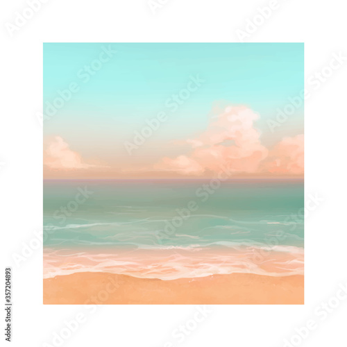 Vector illustration of tropical beach in morning. Hand painted watercolor background.