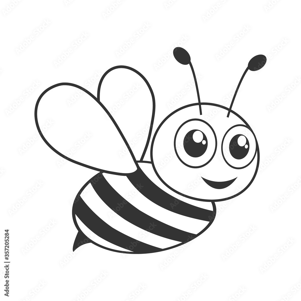 Cute bee black and white shape. Vector bee emoji illustration isolated
