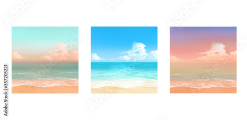 Vector illustrations of tropical beach in various scenes. Hand painted watercolor background.