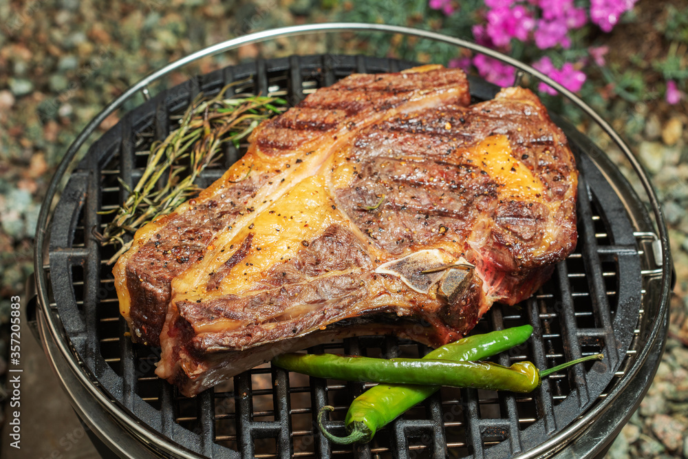 Cowboy steak on grilled with green pepper