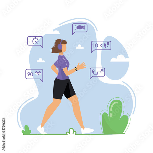 A young woman is engaged in walking in the fresh air. A woman wears a fitness tracker, pedometer. Vector illustration. 