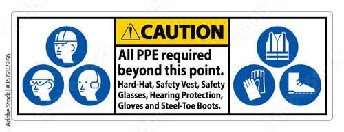  Caution PPE Required Beyond This Point. Hard Hat, Safety Vest, Safety Glasses, Hearing Protection