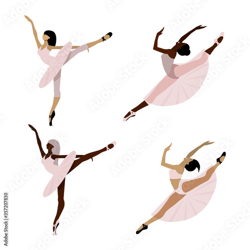 African American and European ballet dancers ,young ballerinas in tutu and pointe shoes dancing individually on a white background. Beautiful female character doing classical ballet in a flat style.