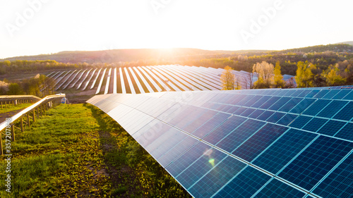 Solar panel cell on dramatic sunset sky background,clean Alternative power energy concept.