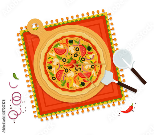 Round delicious pizza mexica vector flat illustration. Popular fast food. Top view.