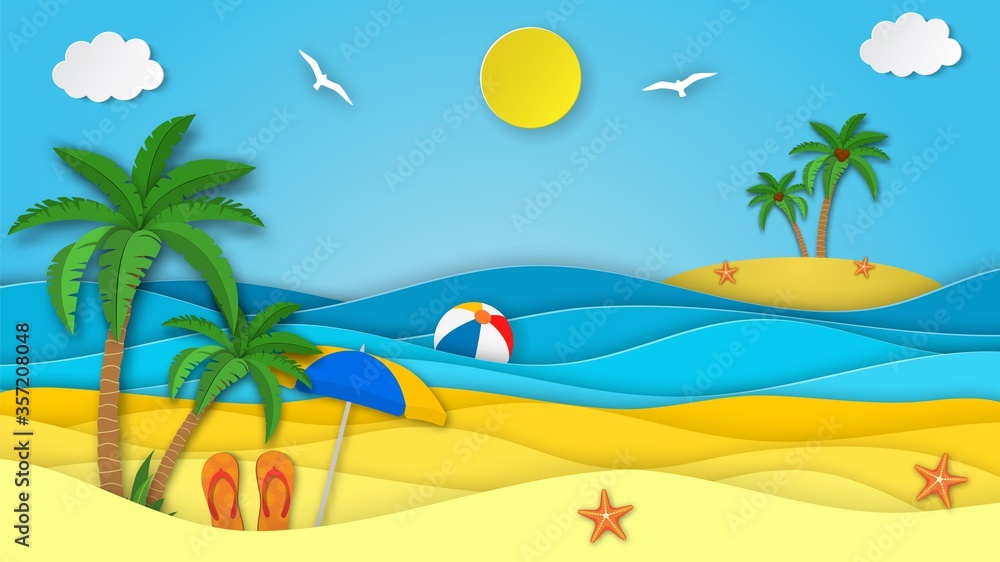Sea landscape with beach, waves, clouds, Flipflops shoe. Paper cut out digital craft style. abstract blue sea and beach summer background with paper waves and seacoast. Vector illustration