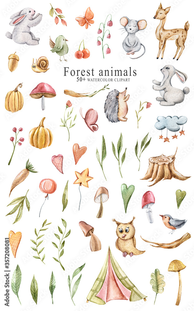 Funny cartoon animals and autumn clipart-pumpkin, apple, mushroom, bee, hedgehog, fox, bunny. Cute nursery illustration on white background. Ready for print. Can be used for sticker, poster, print