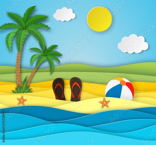 Sea landscape with beach, waves, clouds, Flipflops shoe. Paper cut out digital craft style. abstract blue sea and beach summer background with paper waves and seacoast. Vector illustration