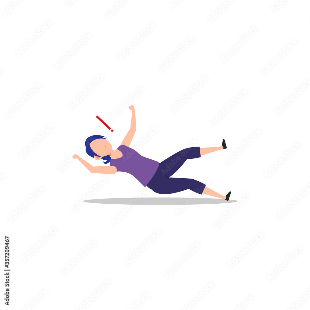 Cartoon character illustration of human action poses postures. Flat design of young woman slipping and falling concept isolated on white background.
