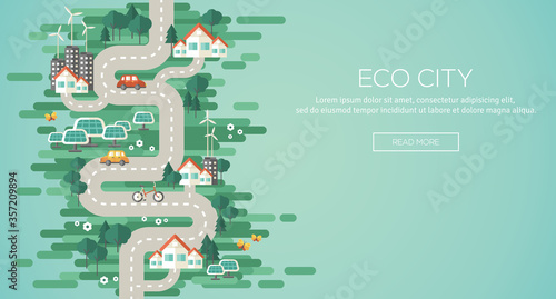 Flat Design Vector Illustration Concept of Ecology. Landscape with Buildings, Electric Cars and Nature Ecology Elements, Solar Panels, Wind Turbines. Eco City Map. Go Green. Save the Earth. Earth Day.
