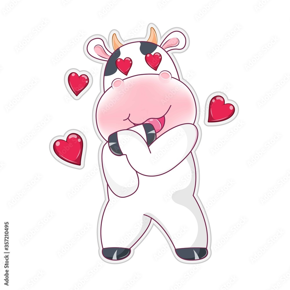 Cute cartoon lovely cow with red hearts isolated on a white background. Cute cartoon lovely cow with red hearts isolated on a white background.