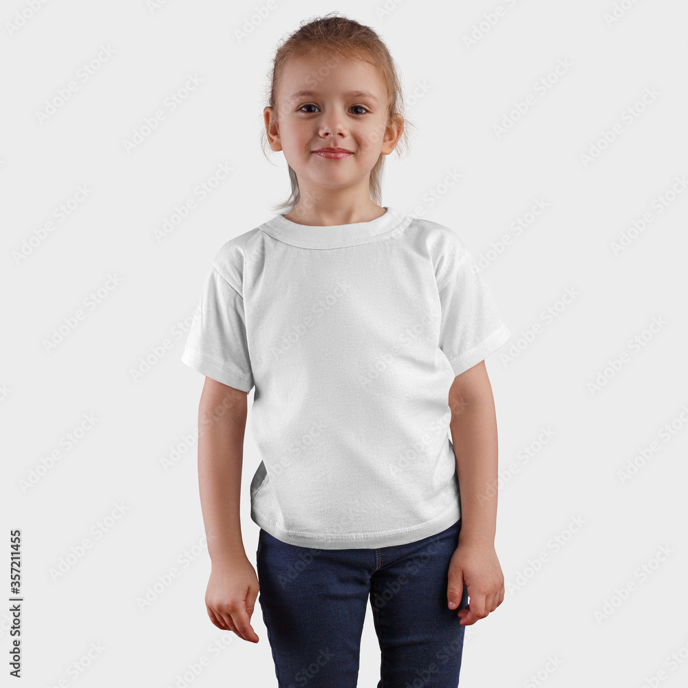 Template children's blank clothes for design presentation and logo, a white T-shirt on a cute kid for advertising. Template children's blank clothes for design presentation and logo, a white T-shirt on a cute kid for advertising.