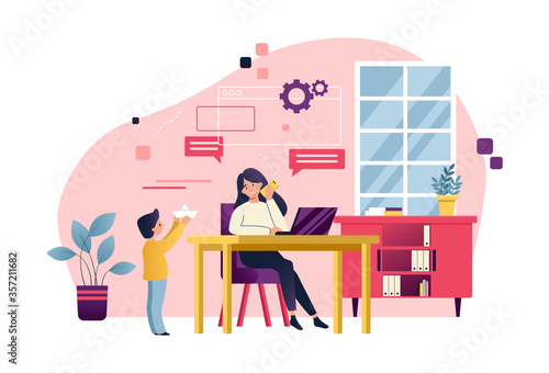 Mother freelancer. Raising child and working home on laptop. Home office. Remote worker, employee schedule, flexible schedule concept. Stress, disadvantages of working from home. Vector illustration.