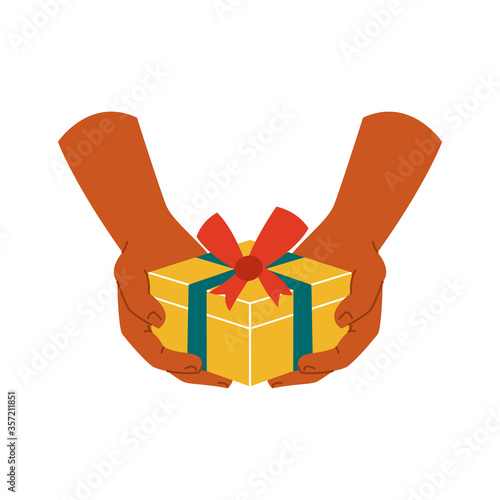 Gift box in hand on a white isolated background. The icon. Present. Vector illustration