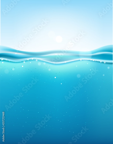 Sea landscape underwater space. Vector illustration with deep underwater ocean scene. Background with realistic water surface.