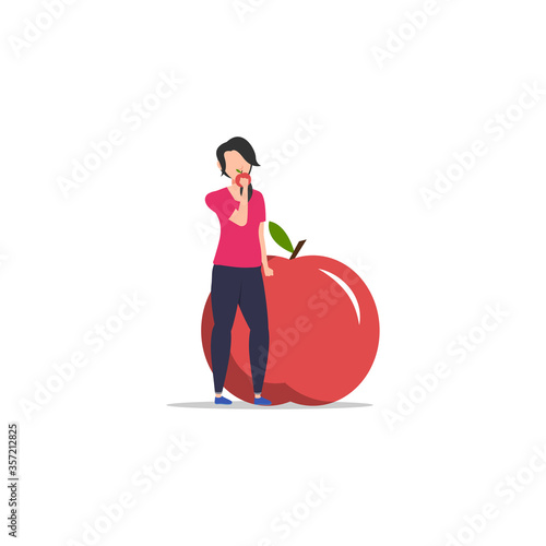 Cartoon character illustration of people healthy living relaxing wellness lifestyle. Flat design of young woman eating apple isolated on white.