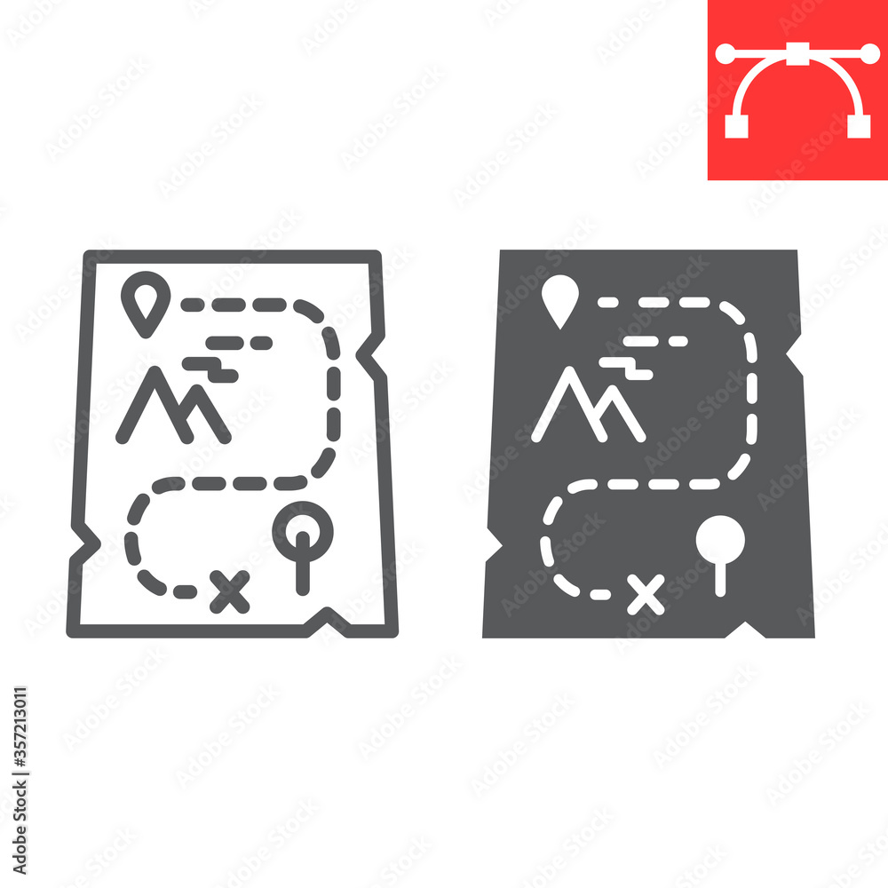 Cartoon map line and glyph icon, video games and treasure, adventure game sign vector graphics, editable stroke linear icon, eps 10. Cartoon map line and glyph icon, video games and treasure, adventure game sign vector graphics, editable stroke linear icon, eps 10.