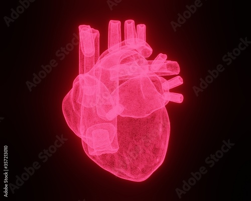Wireframe mesh system Heart on black background. Concept of health care technology, graphic of heart covered by grid. 3d illustration