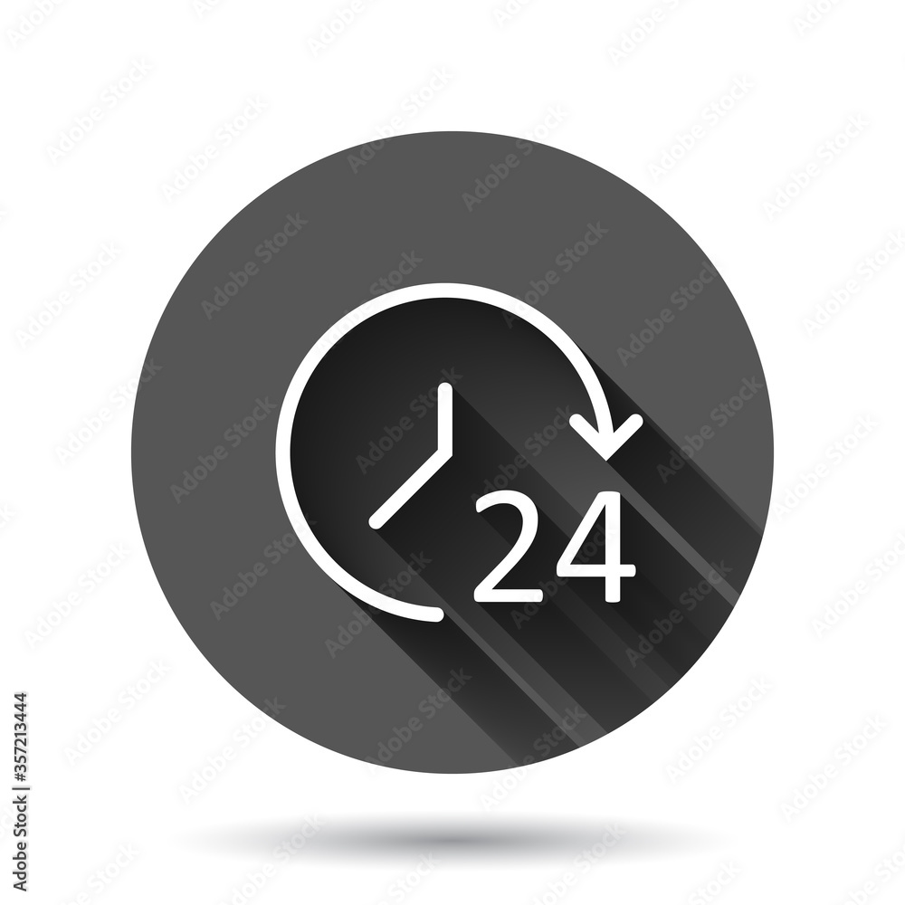 Clock icon in flat style. Watch vector illustration on black round background with long shadow effect. Timer circle button business concept. Clock icon in flat style. Watch vector illustration on black round background with long shadow effect. Timer circle button business concept.