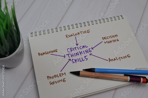 Critical Thinking Skills write on a book with keywords isolated wooden table.