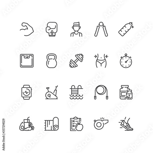 Set of fitness and gym icons in line style.