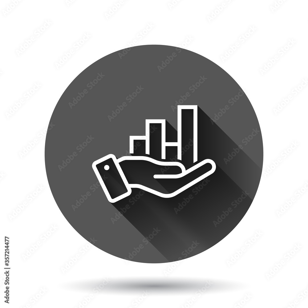 Growth revenue icon in flat style. Diagram with hand vector illustration on black round background with long shadow effect. Finance increase circle button business concept. Growth revenue icon in flat style. Diagram with hand vector illustration on black round background with long shadow effect. Finance increase circle button business concept.