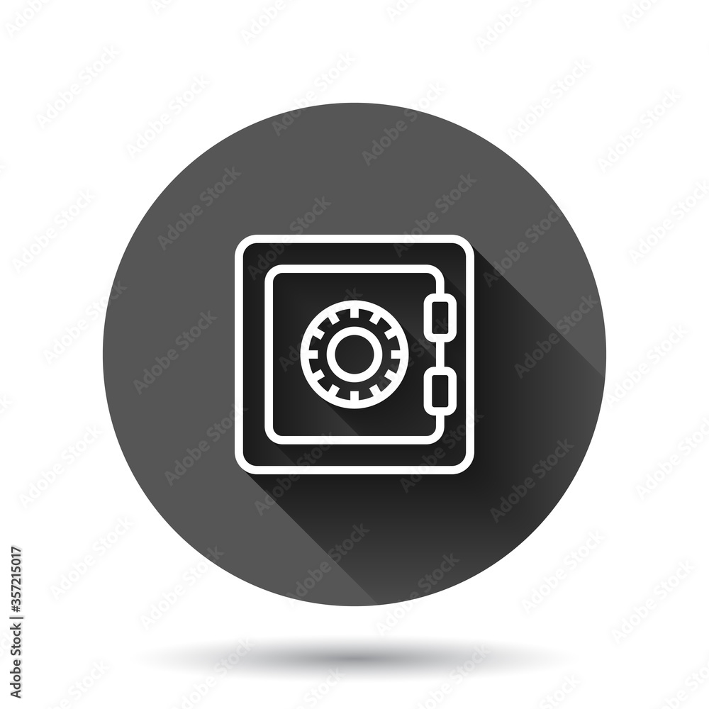 Safe money icon in flat style. Strongbox vector illustration on black round background with long shadow effect. Finance security circle button business concept. Safe money icon in flat style. Strongbox vector illustration on black round background with long shadow effect. Finance security circle button business concept.