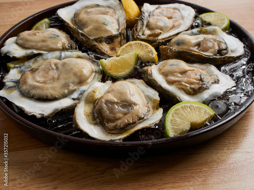 Close-up of oysters on ice.